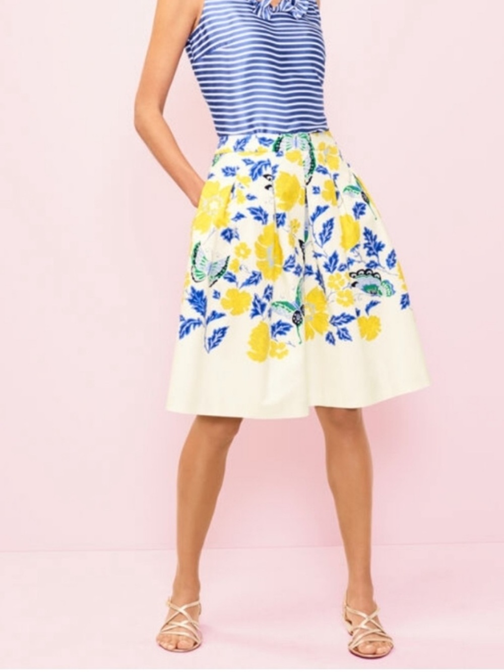 RSVP by Talbots Cream A-Line Skirt with Yellow/Blue Floral Print- Size 2